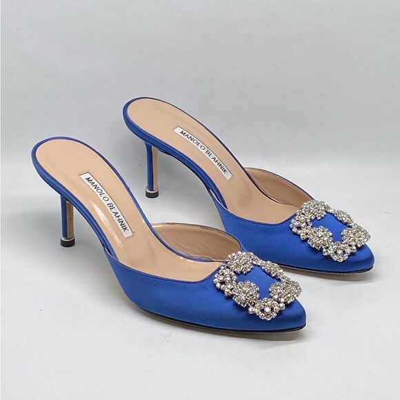 Manolo Blahnik Satin Blue Mules with Crystal Accent - Picture 4 of 13